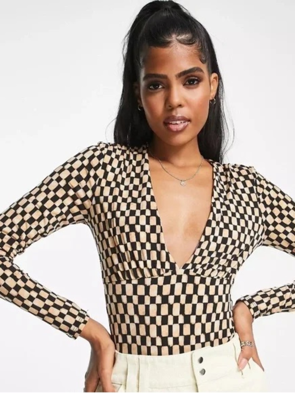 ABERCROMBIE & FITCH Black Cream Checkered Pattern Soft V-Neck Plunge Bodysuit